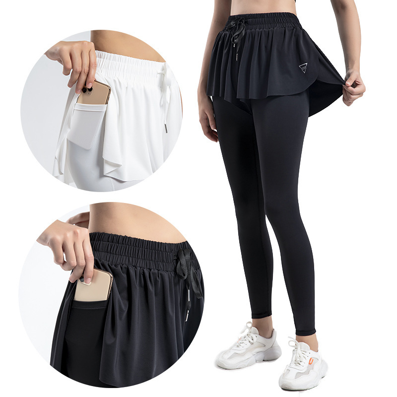 

2021 new yoga fake two-piece running fitns anti light loose skirt quick drying fitns, Black;white