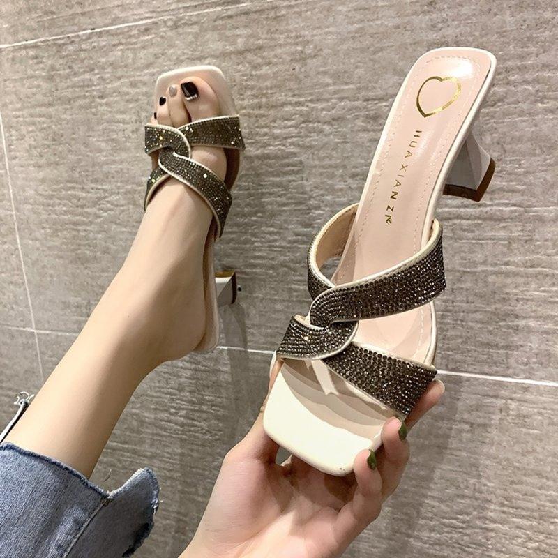 

Slippers Ladies Sandals And Square Head Stiletto Summer Outdoor Beach Women Woman Shoes, Black