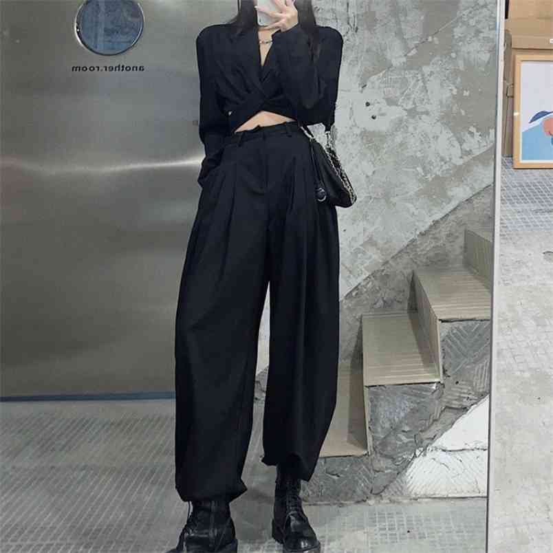 

2 Piece Sets Womens Outfits Ladies Office Notched Collar Long sleeve Sexy Lace UP short Coat + High Waist Wide Leg Pants 210519, Black