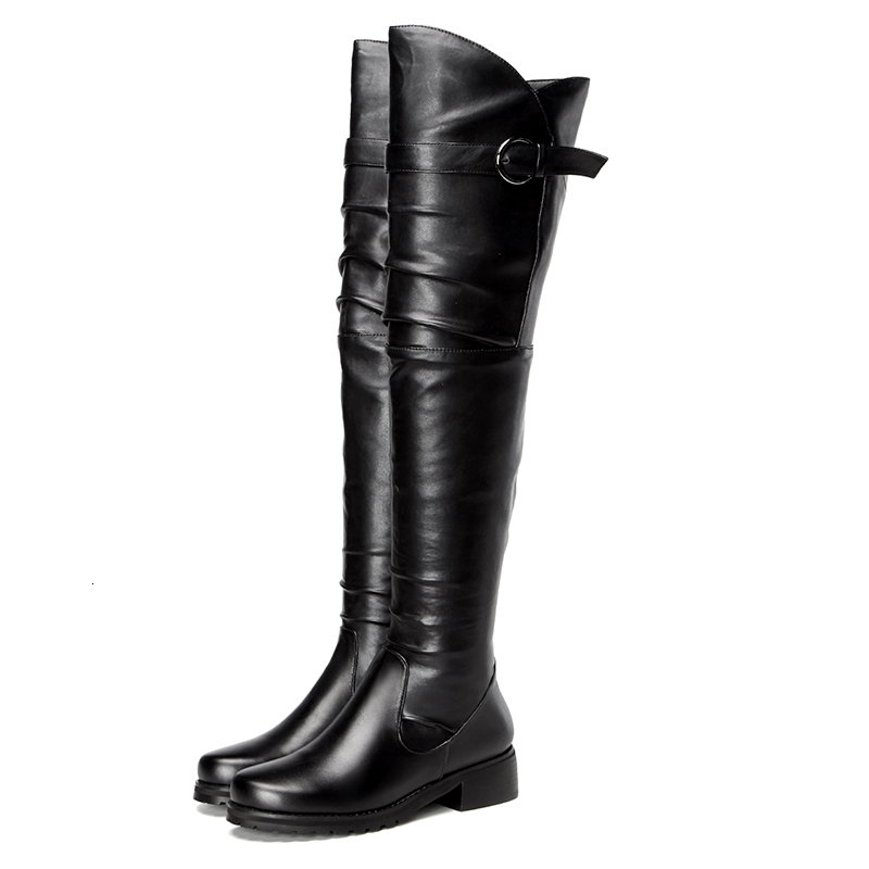 

Cow Pleated Zip Women Spring Autumn Long Boot Real Leather Pure Color Anti Skid Buckle Flat Over The Knee Boots ZY171027 OQNN, Black