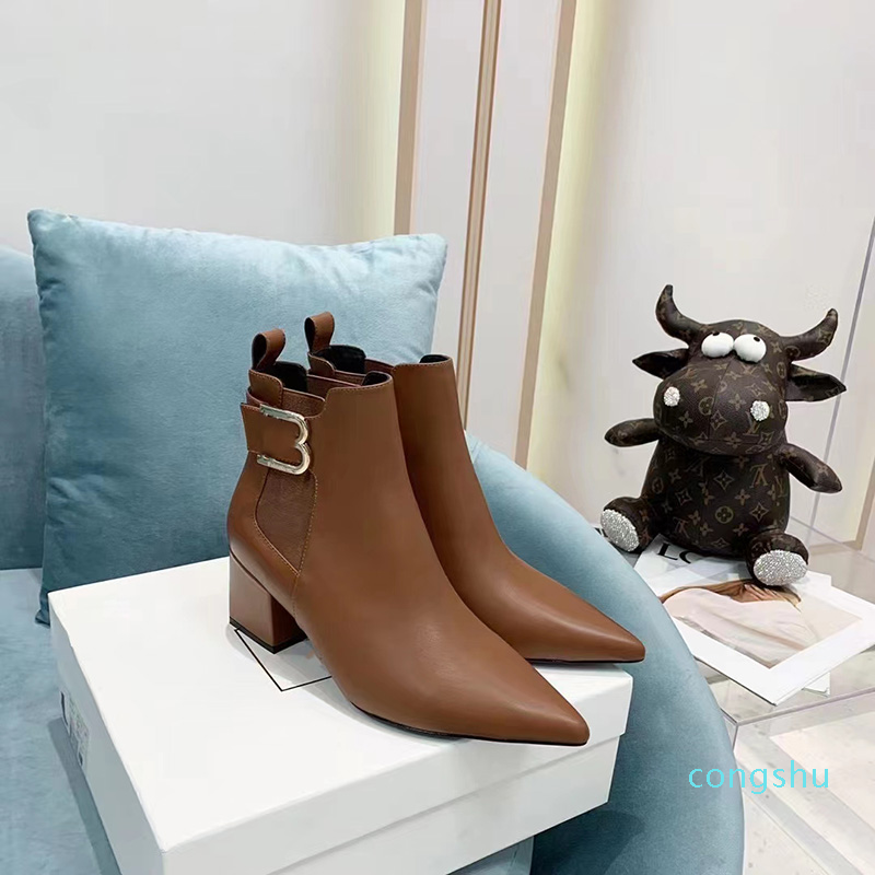 Woman Classic High Quality Ankle Boots Genuine Leather temperament leisure Lady Chuncy Heel Pionted Toe Slip On Elastic Fabric Roman 1