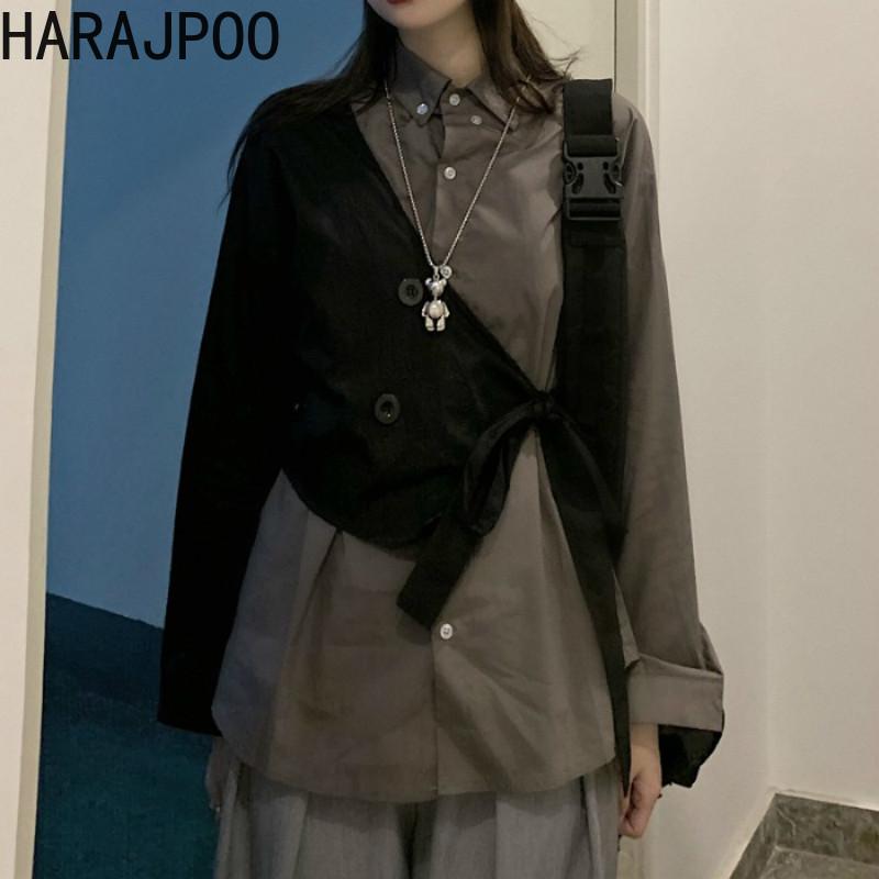 

Women Blouse Spring Autumn Korea Harajuku Design Stitching Long Sleeve Shirt Top Loose Casual Fashion Girl Shirts Women's Blouses &, Black gray