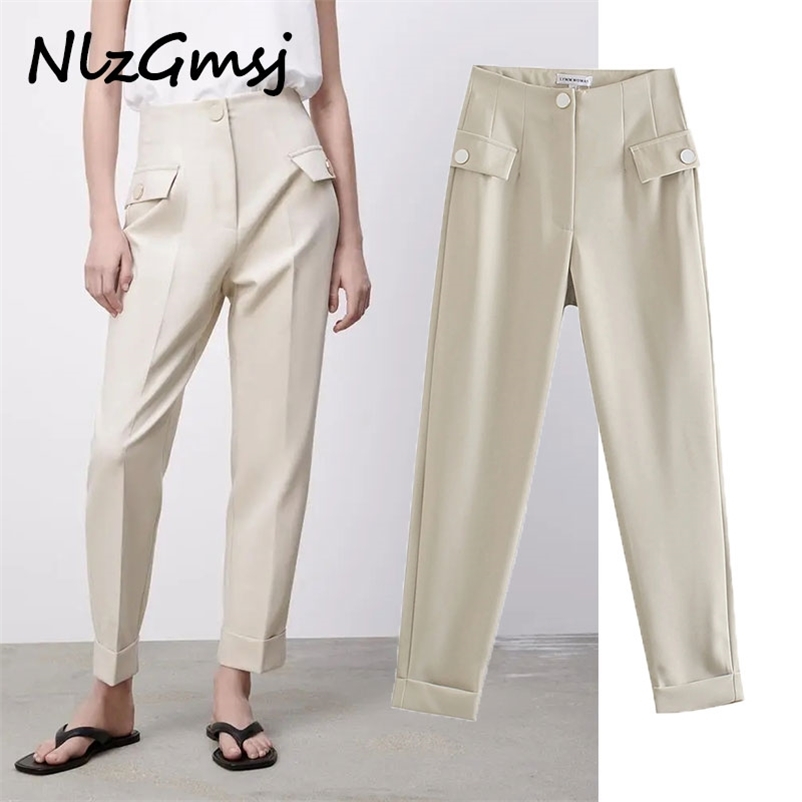 

Nlzgmsj Pant Chic Side Pockets Straight Vintage High Waist Zipper Button Fly Female Trousers Mujer 04 210628, As picture
