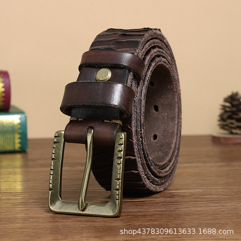 

New Style Knife Mark Pure Copper Pin Buckle Belt Mens Leather Thickened First Layer Cowhide Personality Trendy Casual Jeans Belt No. 2, Black