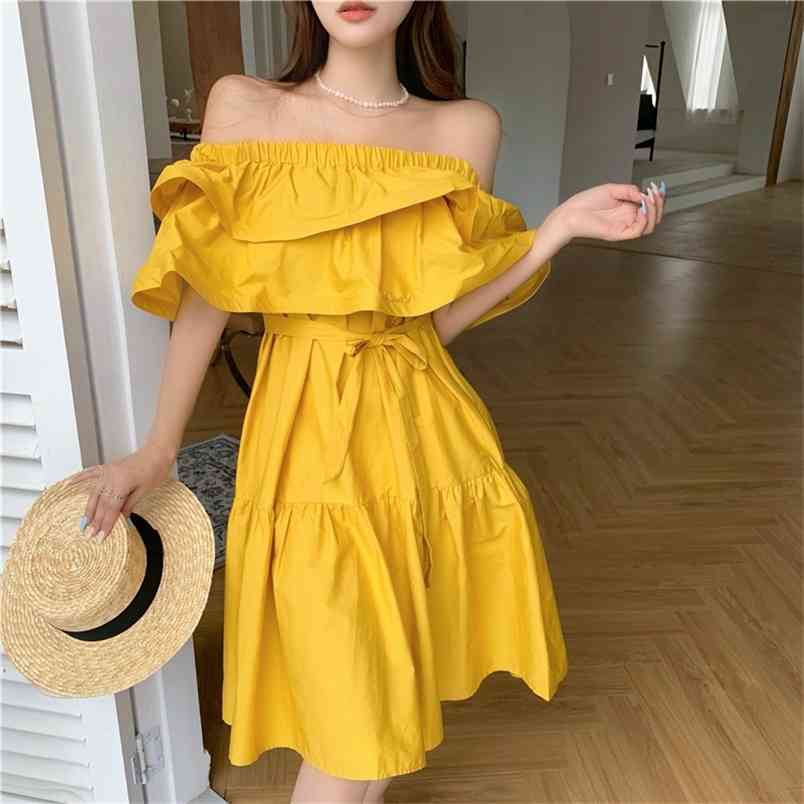 

Summer Boho Dress Women Sexy Slash Neck Off Shoulder Ruffles Casual Lace Up Beach Mini Female 210519, Photo color