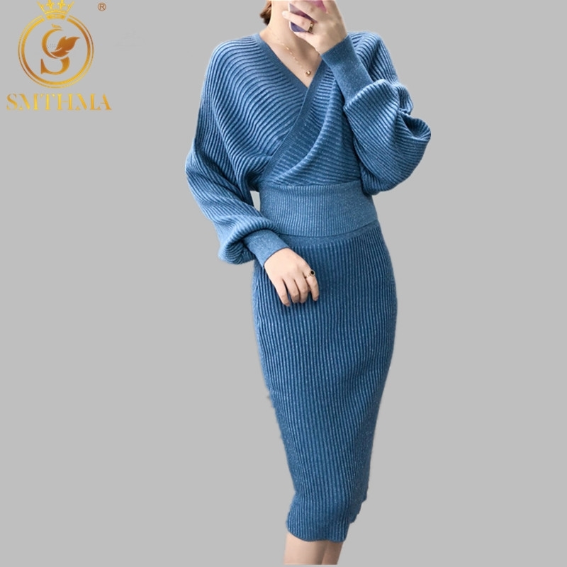 

Winter Two Piece Set Women Batwing Sleeve V Neck Bright Sweater +Elastic Waist Female Knitted Skirt Suit 210520, Photo color
