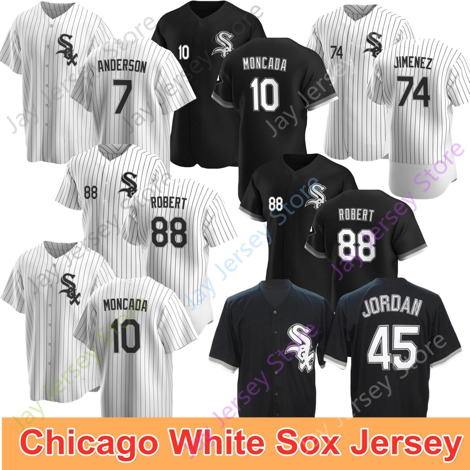 

NCAA 2020 New Chicago Jersey 7 Tim Anderson 8 Bo Jackson 10 Yoan Moncada 45 74 Eloy Jimenez 88 Luis Robert White Black Size S-3XL Pinstripe, Blue;black