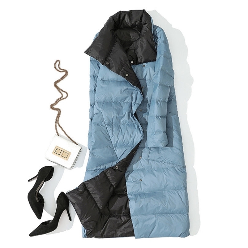 

Women Double Sided Long Jacket Winter Turtleneck White Duck Down Coat Breasted Warm Parkas Snow Outwears 210517, Navy blue