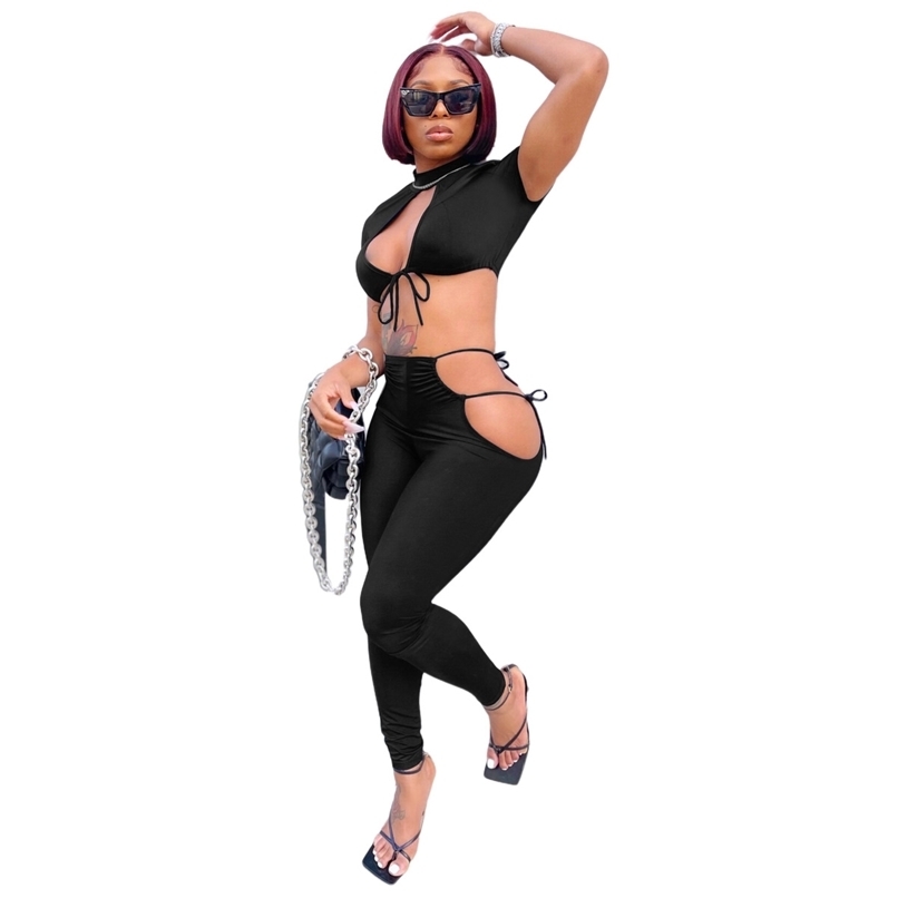 

All Black Loungewear Women Sets Clothes Short Sleeve Crop Top High Waist Jogger Pants Sweatpants Sexy Fitness Wear 2 Pieces 210525