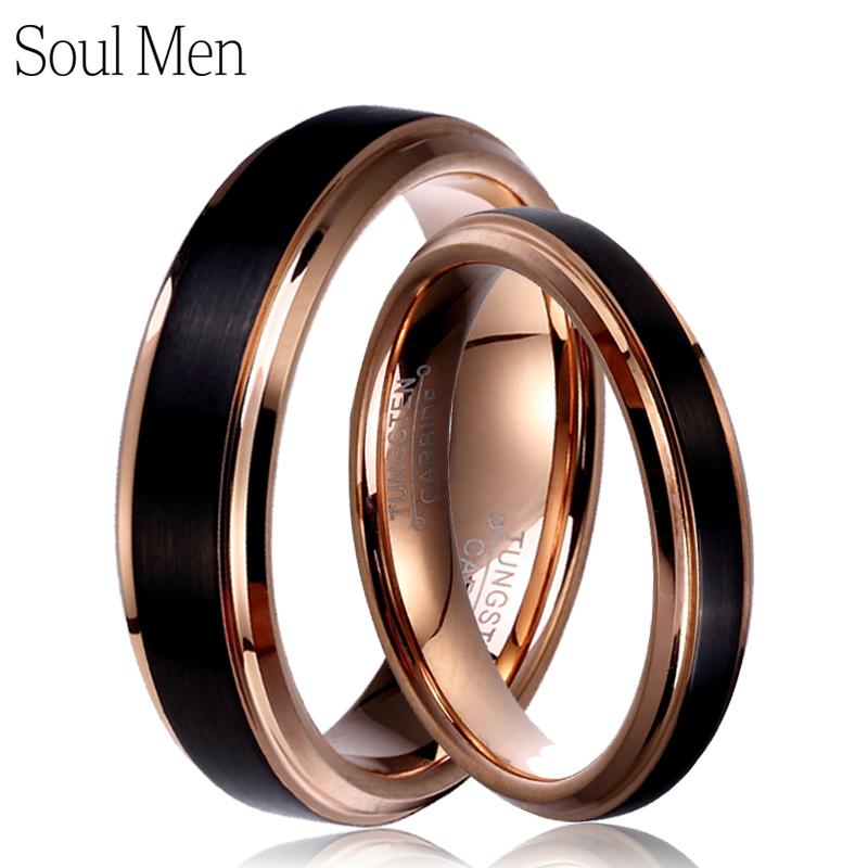 

Wedding Rings Soul Men 1 Pair Tungsten Carbide Band Black & Rose Gold Color Couple Set 6mm For Male 4mm Female, Slivery;golden