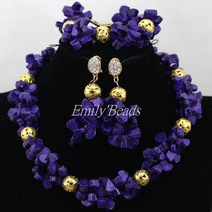 

Earrings & Necklace Fashion Nigerian Beaded Necklaces Sets For Women African Purple Coral Beads Jewelry Set 2021 Wholesale CJ620, As pic