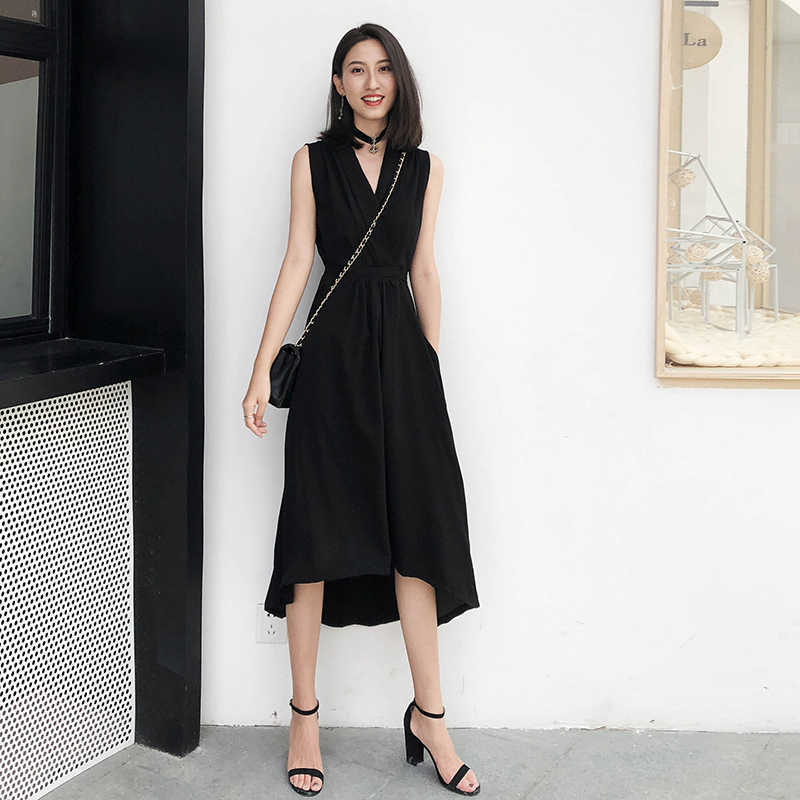 

Elegant Sexy Wrap Dress Women Summer Irregular Sleeveless Deep V Neck Elastic Waist Lace Up Casual Dresses Vestidos Mujer 210608, Black