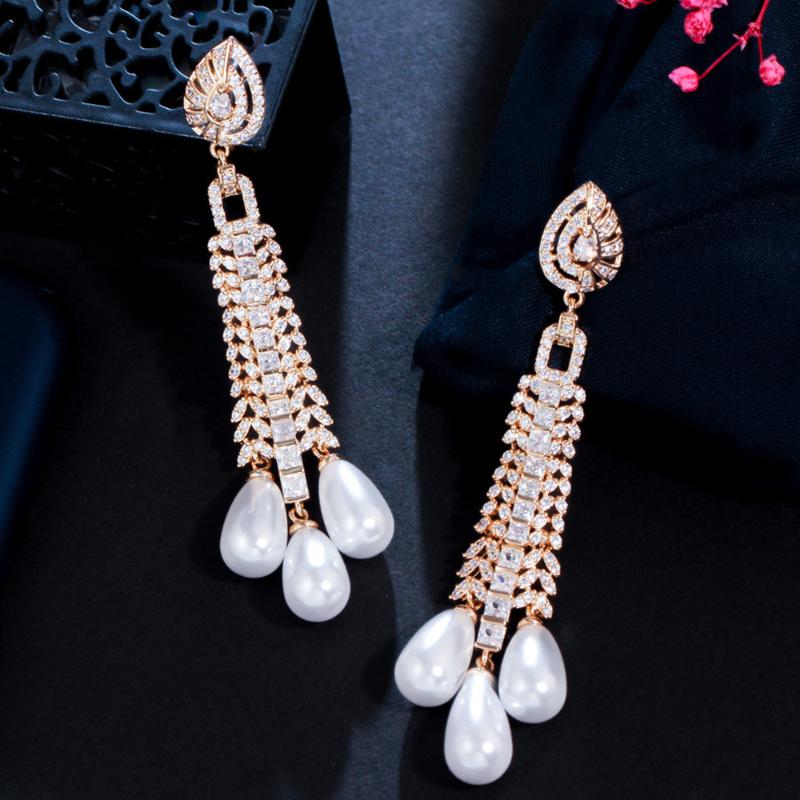 

Dangle & Chandelier CWWZircons Top Cubic Zirconia Stones Light Gold Color Dangling Drop Long Pearl Earrings For Women Boho Party Accessories, Silver