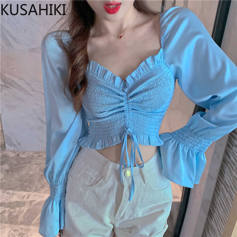 

KUSAHIKI Women Blouse Drawstring Short Crop Top Shirt Spring Sexy Square Collar Flare Sleeve Blusas Mujer De Moda 6F011 210602, Blue