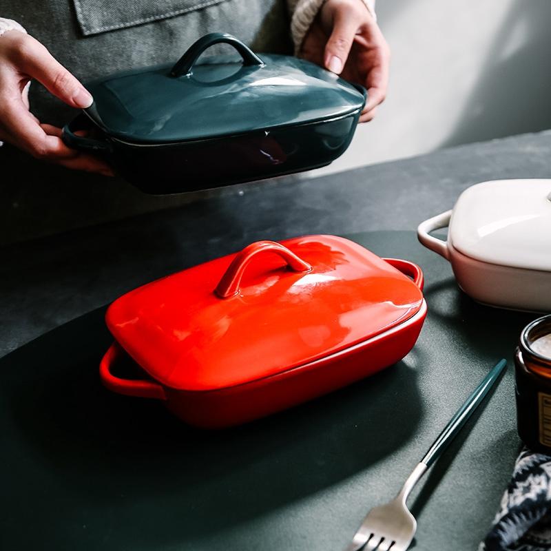 

Dishes & Plates Tableware Plate Rectangle Ceramic Baking Dish Pan With Lid Home Binaural Steak Cheese Grilled Bowl Oven Microwave Heati