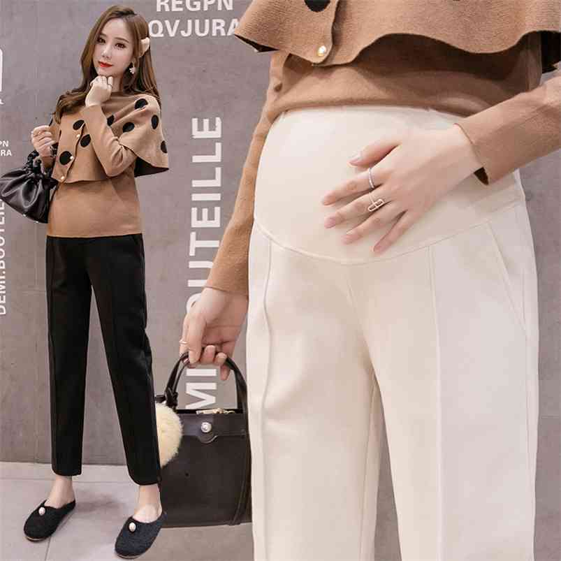 

663# 9/10 Autumn Winter Thick Woolen Maternity Pants Elastic Waist Belly Straight Casual Clothes for Pregnant Women OL Pregnancy 210721, Beige