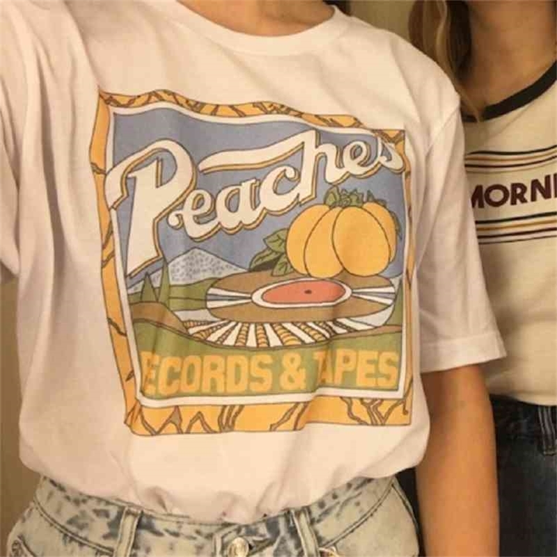 

Street Style Kawaii Cute Unisex Vintage Fashion Peaches Records Tapes Women T-Shirt Hipsters Grunge Style Graphic Tee 210518, White