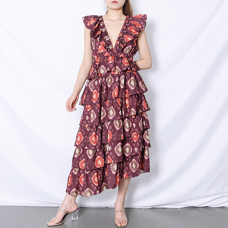 

A line Patchwork Ruffle Print Women' V Neck Short Sleeve High Waist Vintage es Female Summer Clothing, Same as picture