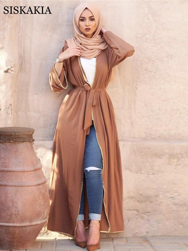 

Casual Dresses Siskakia Kimono Abaya Dress For Women Solid Fashion Beaded Trim Turkey Arabic Dubai Muslim Islamic Clothing Ramadan Eid 2021, Black kimono