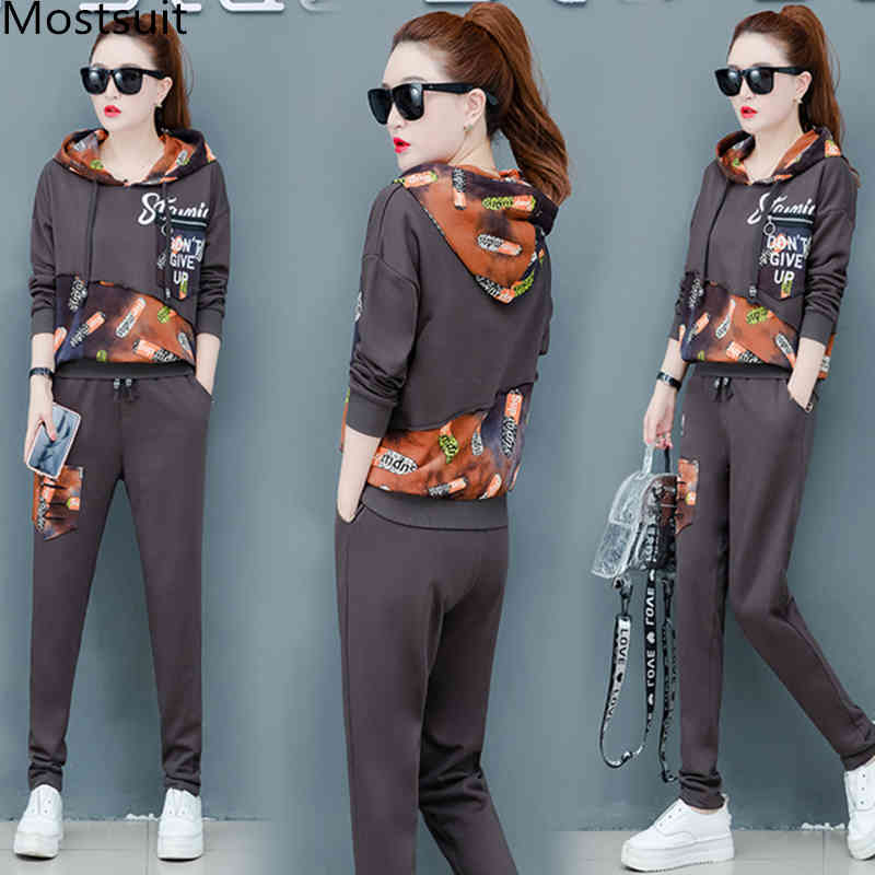 

3xl Printed Sport Tracksuits Sets Women Plus Size Hooded Sweatshirt And Pants Suits Casual Fashion Korean Loose 2 Piece Outfit 210518, Grey