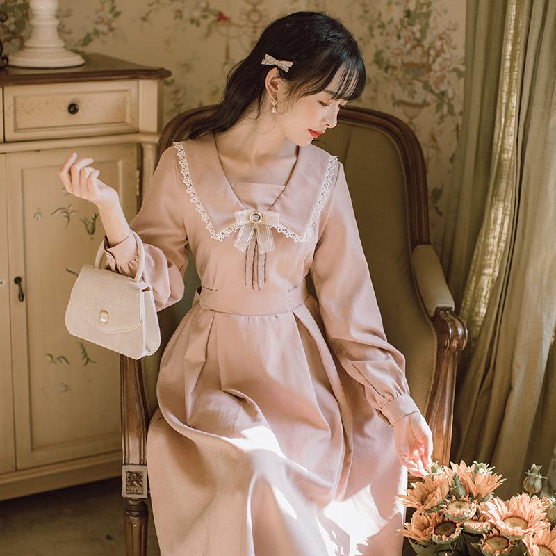 

Girl's Dresses Japanese Style Kawaii Dress Women Spring Long Sleeved Lace Contrast Lapel Small Fresh Bow Sweet Cute Midi Autumn, Red;yellow