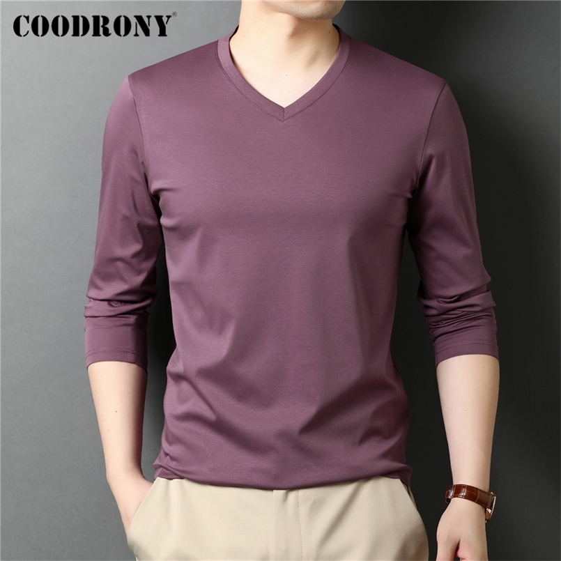 

COODRONY Brand Spring Autumn High Quality Classic Casual Pure Color 100% Mercerized Cotton V-Neck Long Sleeve T Shirt Men C5067 210721, Gray