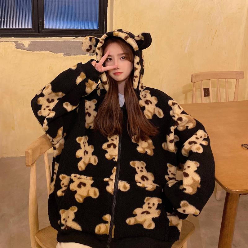 

Women's Jackets Harajuku Kawaii Bear Ear Coats Pattern Lamb Fur Women Autumn Winter Zipper Hooded Thick Female Warm Outerwear, The picture color