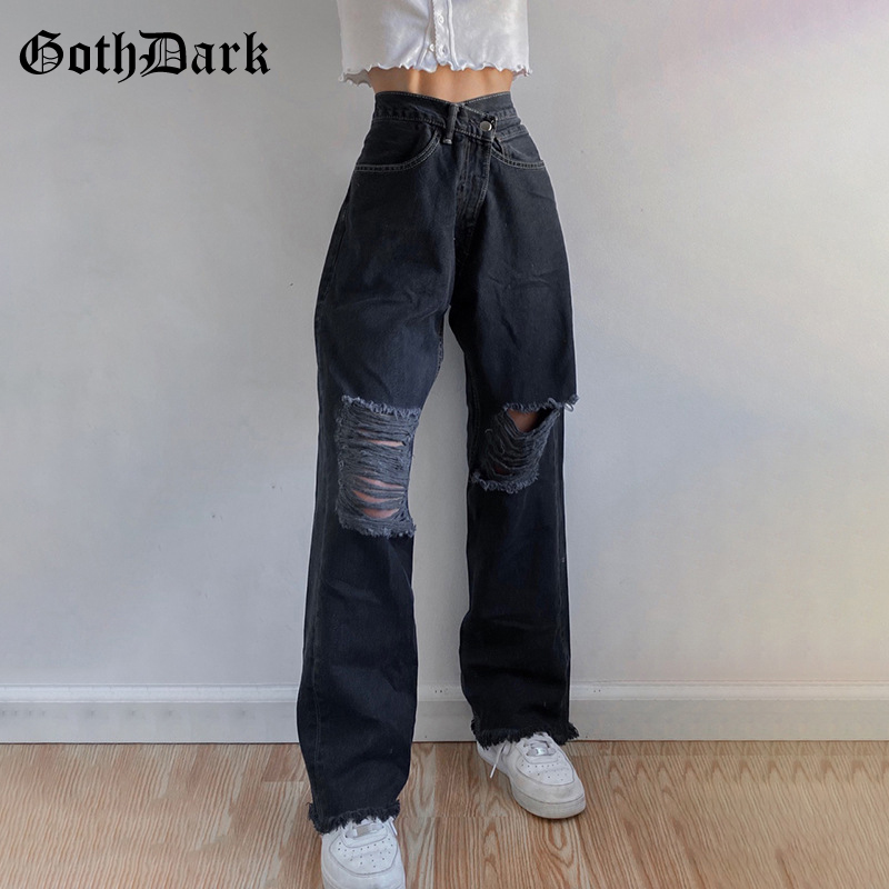 

Goth Dark Gothic Hip Hop Black Jeans Wide Leg High Waist Korean Style Streetwear With Hole Pants Girls Loose Lady Jogging Wear