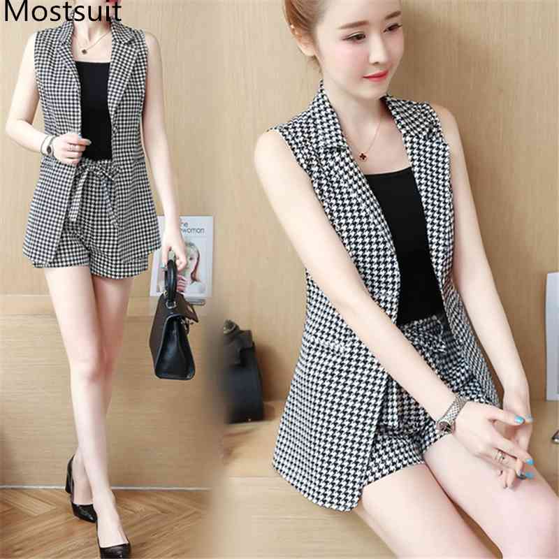 

xl 3 Piece Set With Belt Women Summer Striped Polka Dots Houndstooth Fashion Sleeveless Tracksuit Cardigan Vest Shorts 210518