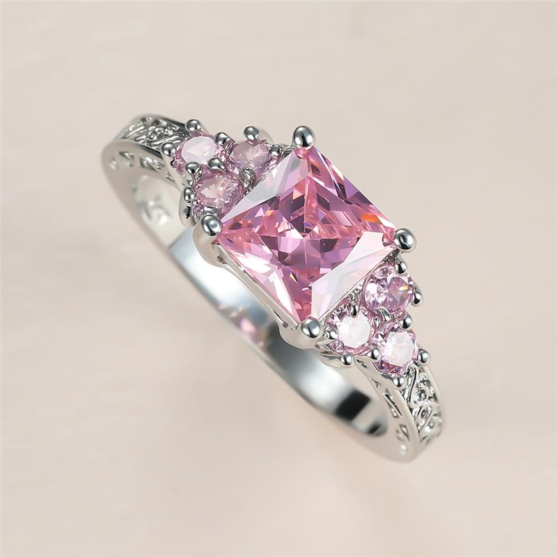 

Luxury Female Pink Crystal Stone Ring Charm Silver Color Wedding Rings For Women Vintage Bride Square Zircon Engagement