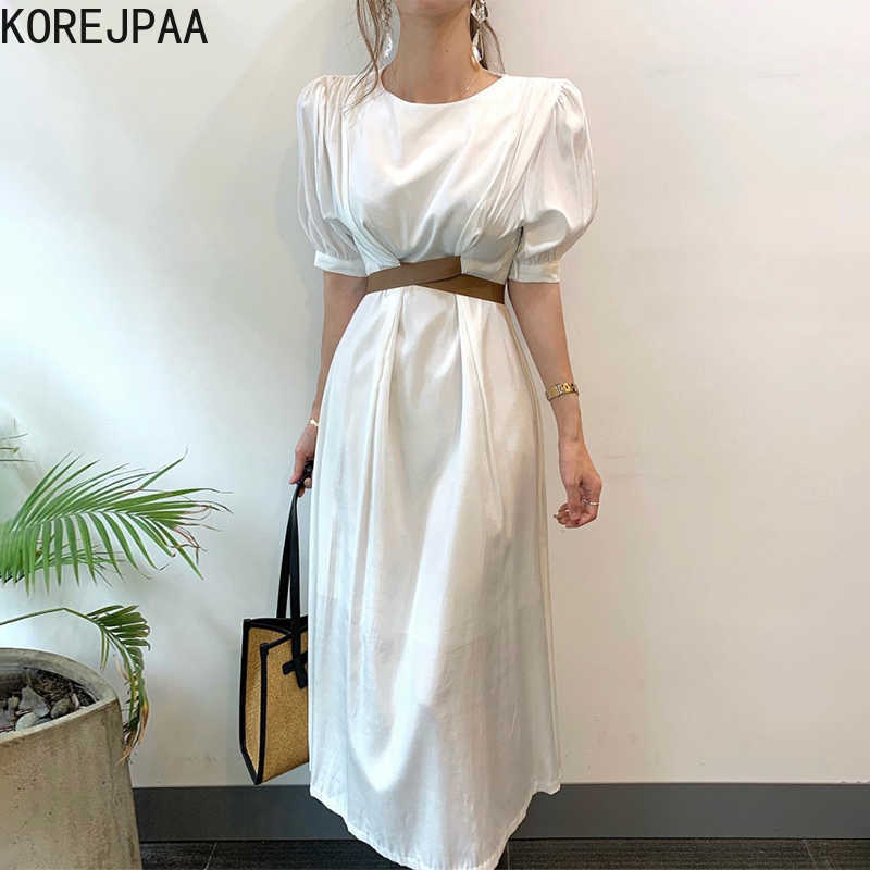 

Korejpaa Women Dress Korean fashion chic French elegant round-necked back bow belt waist Slim bubble sleeves dress female 210526, Apricot