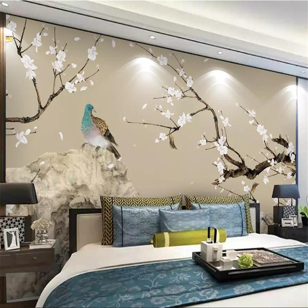 

Custom wallpaper new Chinese magnolia bird hand-painted pen and flower background wall large mural green wallpaper, Beige