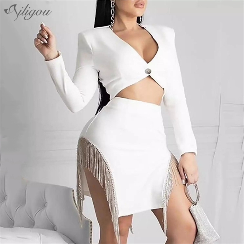 

Summer Style Ladies Sexy Long Sleeve V-neck Tassel White Two Piece Bandage Set Celebrity Designer Fashion 210525
