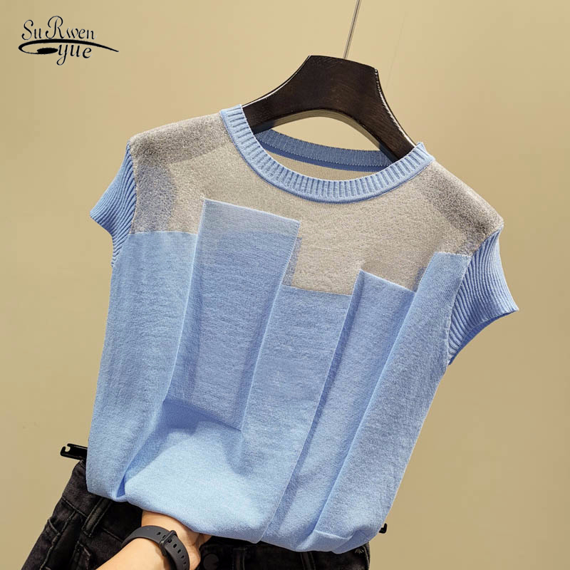 

Korean Patchwork Ice Silk Knitted Tops Blusas Mujer De Moda Women O-neck Short Sleeve Pullover Fashion Thin Blouse 8796 210521, Black