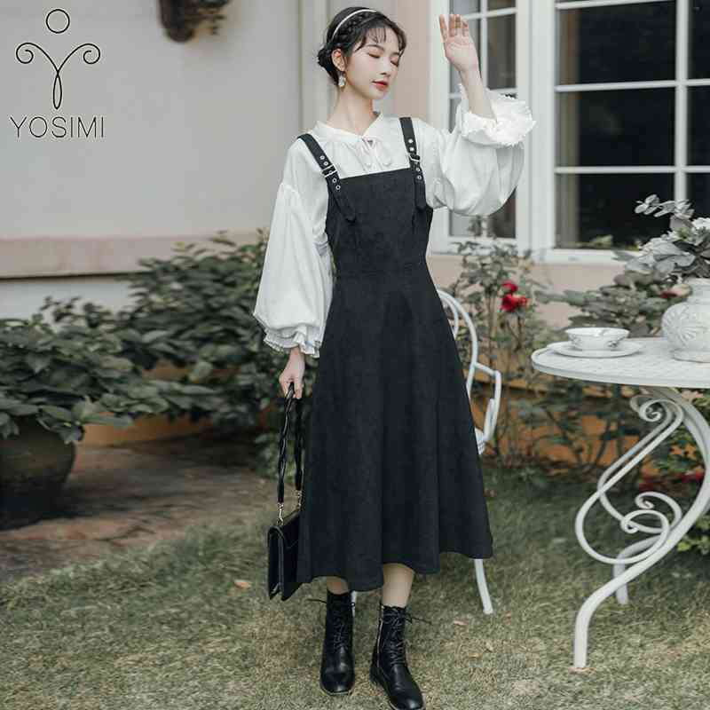 

YOSIMI 2 Piece Outfits Spring Women Long Sleeve Lantern Cotton White Shirt and Black Mid-calf Strap Dress Skirt Set 210604