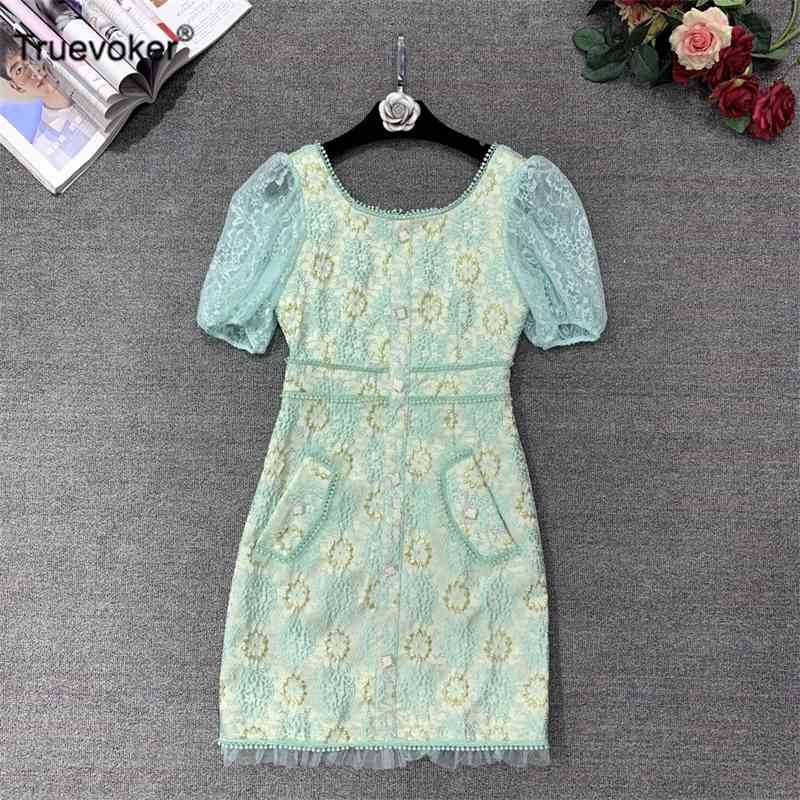 

Truevoker Women High End Vintage Jacquard Print Party Dress Mujer Festa Vestido 210602, Turquoise