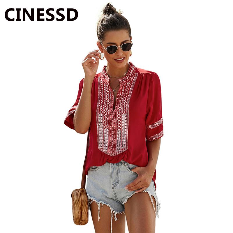 

Women V Neck Short Sleeves Blouses Blue Vintage Tops Embroidery Lacework Patchwork Black Casual Pullover Summer Blouse Women' & Shirts, Green