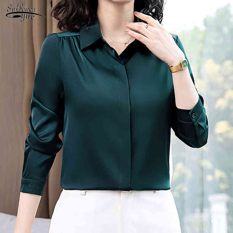 

Turn Down Collar Chiffon Blouse Women Tops and Blouses Spring Fashion Long Sleeve Office Work OL Satin Shirts Blusas 13040 210521, Peacock blue
