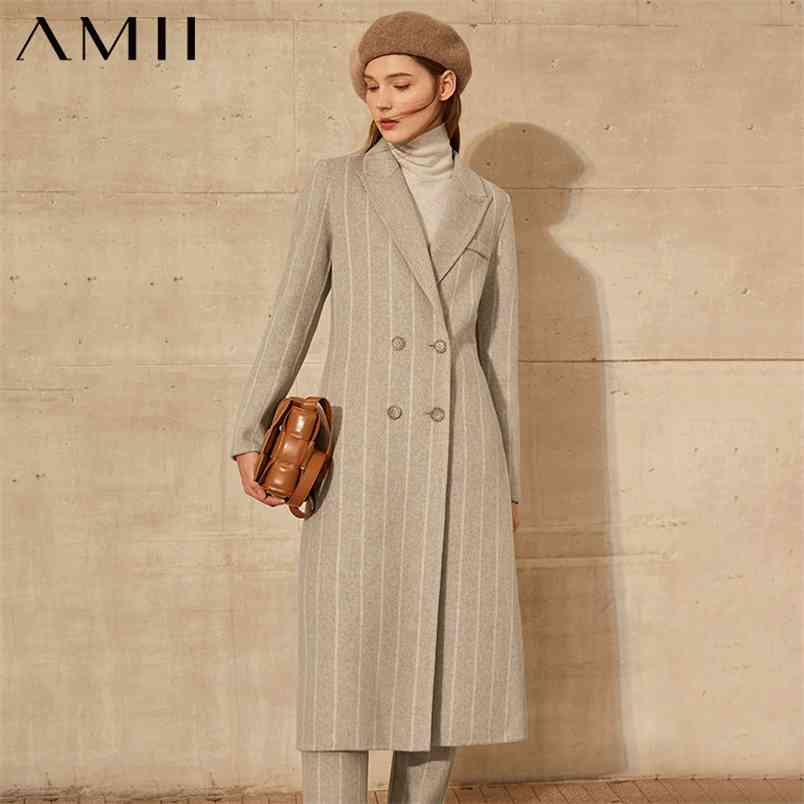 

Minimalism Winter Fashion Women's Coat OLstyle Stripe Lapel Double breasted Slim Fit Woolen Female Jacket 12040996 210527, Gray