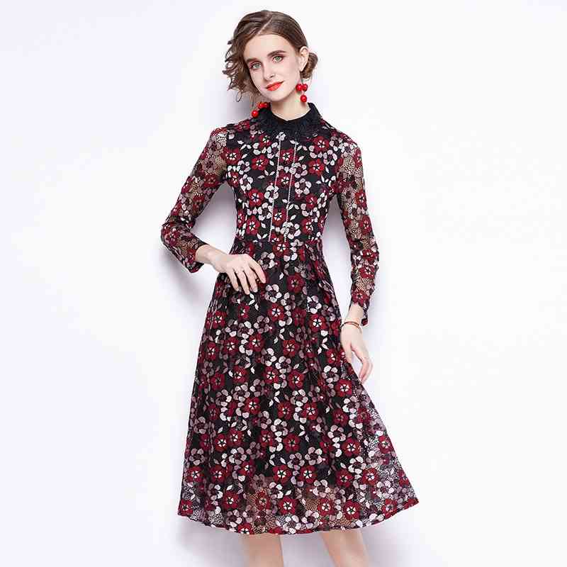 

Fashion Runway Summer Dress Women Long Sleeve Flower Embroidery Lace Vintage es Ladies Midi Vestido 210603, The picture color