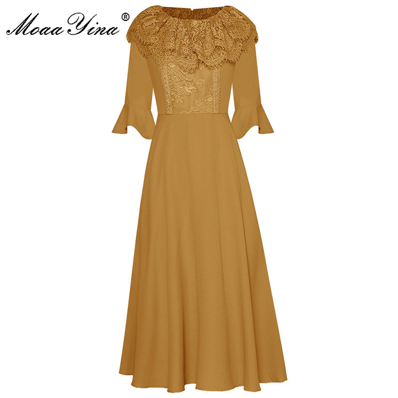 

Fashion Designer dress Spring Women's Dress 3/4 Flare Sleeve Lace Ruffles Elegant Slim Dresses 210524, Lavender