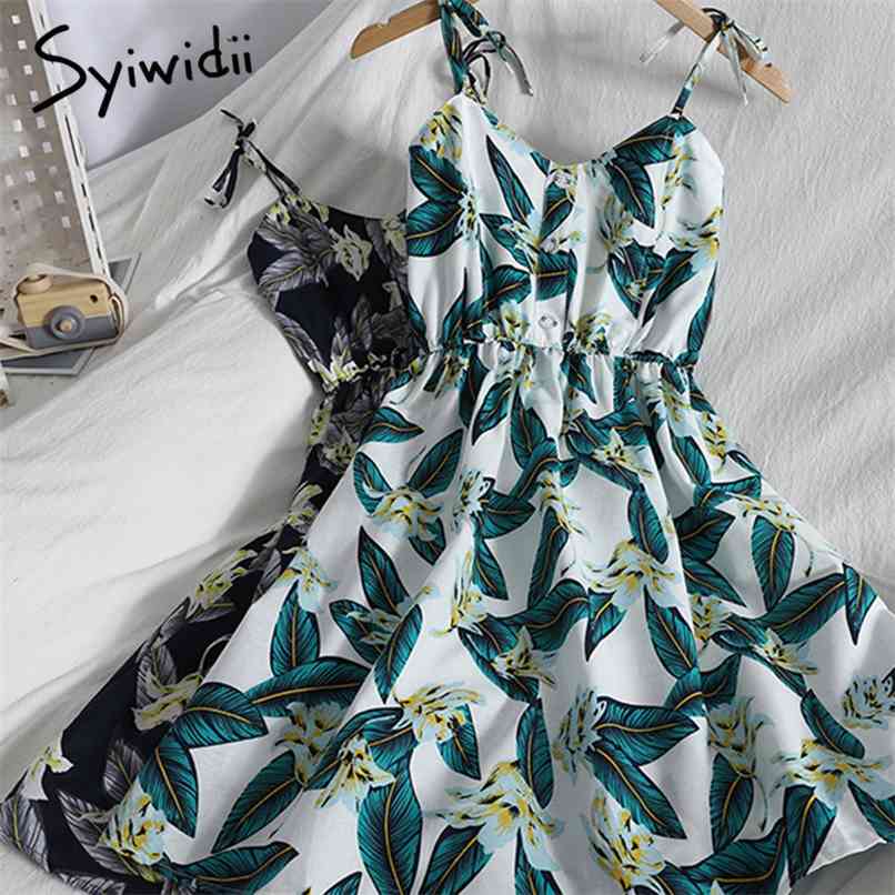 

Fashion Print High Waist Bow Lace Up Spaghetti Strap Dresses Women Breasted Backless Sleeveless Summer Holiday 210607, Blue pineapple