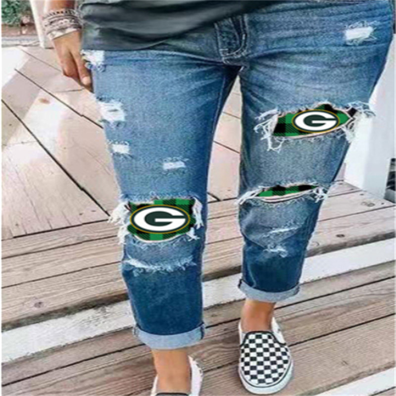 

hole trousers large women's trousers high waist jeans new casual green letter printing washed and worn white elastic versatile comforta, Blue