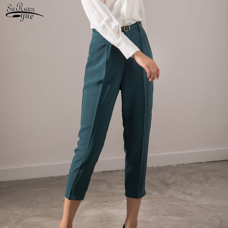 

Autumn High Waist Pencil Pants Women Ankle-Length with Belt Casual Solid Pocket Trousers Blue Ladies 11719 210521, White