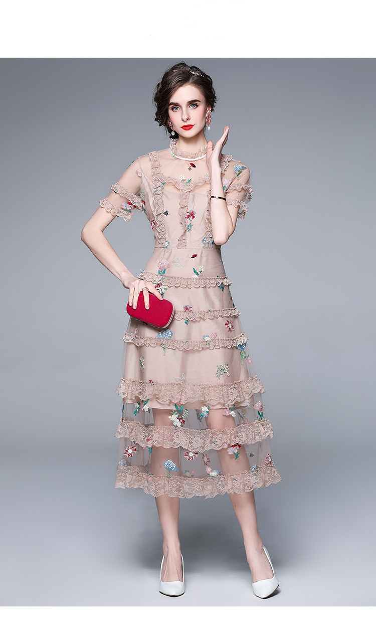 

Youthful and sweet dresses 2021 summer short-sleeved lotus leaf stand-up collar embroidered wood ear gauze dress, As the picture