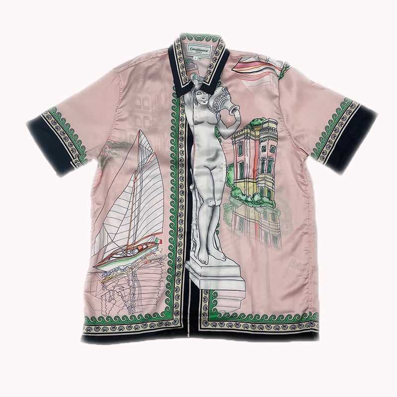 

Casablanca Island Lazy Sailing Castle Temperament Silk Satin Short Sleeve Shirt for Lovers, Picture color
