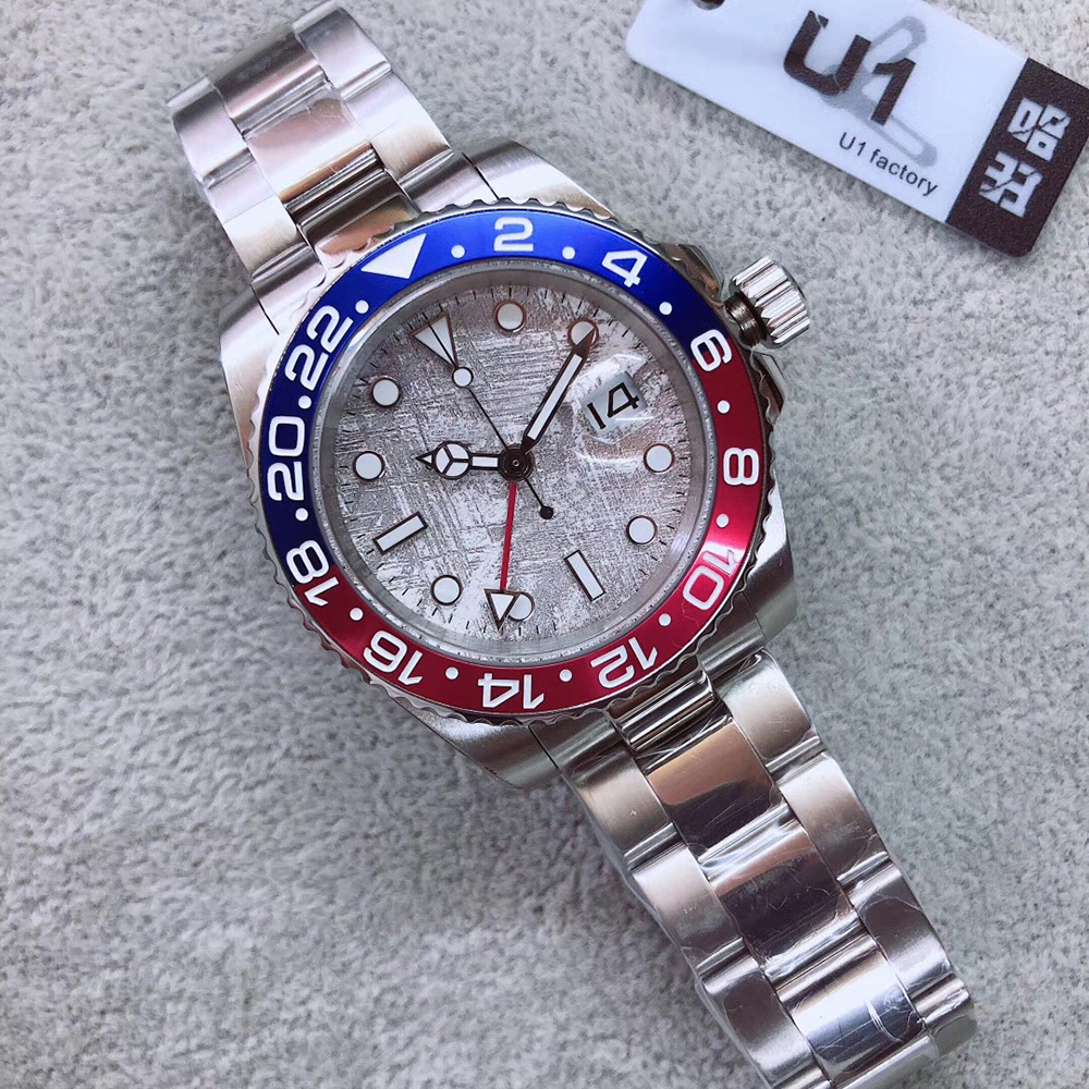 

ST9 Steel Automatic Mechanical Watch GMT Pepsi Strap Red Blue Meteorite Dial Bezel Big Date Sapphire Glass 40MM Men Watches Wristwatches, 16