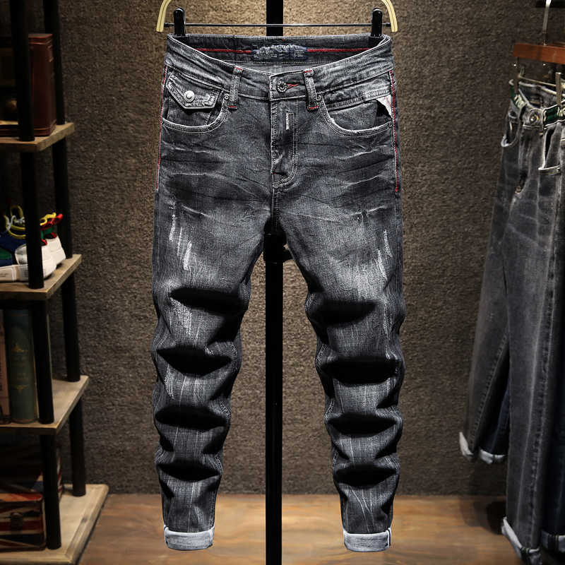 

Italian Style Fashion Men Jeans High Quality Retro Black Gray Elastic Slim Ripped Vintage Designer Casual Denim Pants UHD4