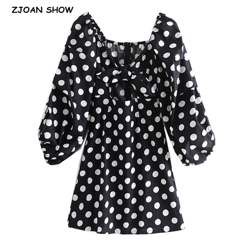 

Casual Dresses 2021 Spring Front Tie Bow Hollow Out Waist Polka Dot Print Long sleeve Dress Black Sexy Women Mini Short Holiday MC