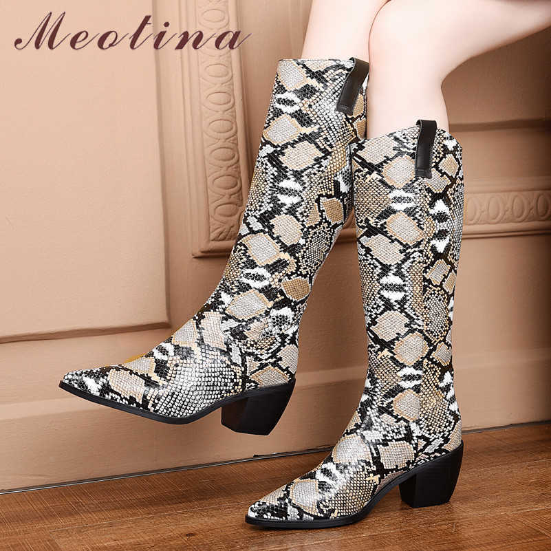 

Meotina Winter Knee High Boots Women Snake Print Block High Heel Western Boots Slip on Pointed Toe Shoes Ladies Large Size 34-46 210608, White